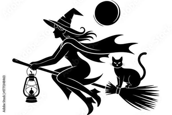 Obraz Witch flying on a broomstick with a lantern and a cat