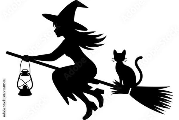Obraz Witch flying on a broomstick with a lantern and a cat