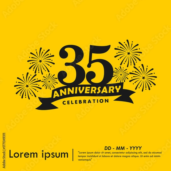 Obraz 35th years anniversary celebration emblem. anniversary logo isolated with ribbon and fireworks, sparkler on yellow background. vector illustration template design for web