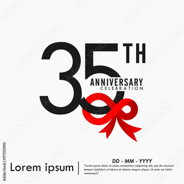 Obraz 35th years anniversary celebration with red ribbon on white background. vector illustration template design for web banner, flyers, poster, greeting card