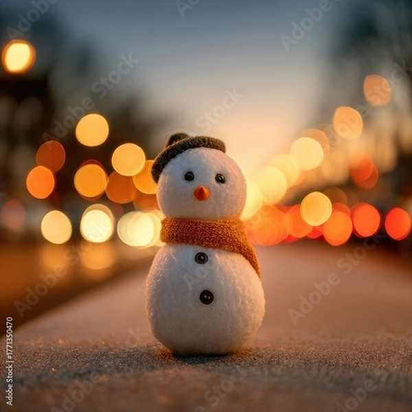 Fototapeta Festive winter snowman adorns an evening avenue with glowing bokeh lights creating a warm and joyful mood