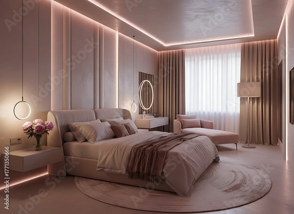 Obraz Elegant bedroom interior design showcasing modern lighting, luxurious textiles, and a serene, inviting atmosphere for relaxation and peaceful sleep