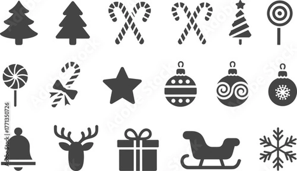 Fototapeta Christmas icon collection, tree, candy cane, ornament, snowflake, gift, reindeer, bell, festive symbols set, flat vector illustration