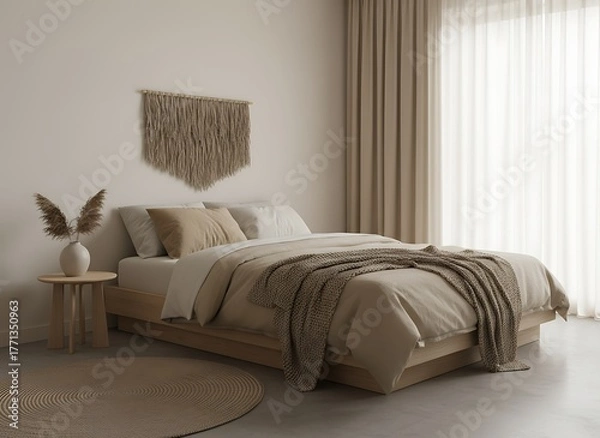 Obraz Serene bedroom oasis with natural textures and soft neutral tones creating a tranquil sanctuary for ultimate relaxation and modern comfort.