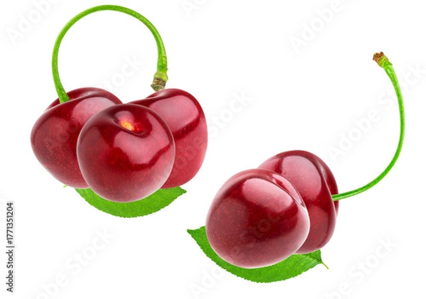 Fototapeta two fresh groups of ripe red cherries with long green stems and accompanying leaves, positioned together and isolated against a clean transparent background.