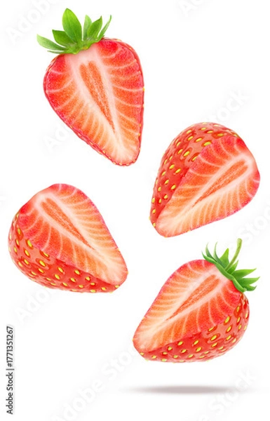Fototapeta four halves of fresh, ripe red strawberries with green leaves, cut and floating in the air, isolated on a clean transparent background photograph.