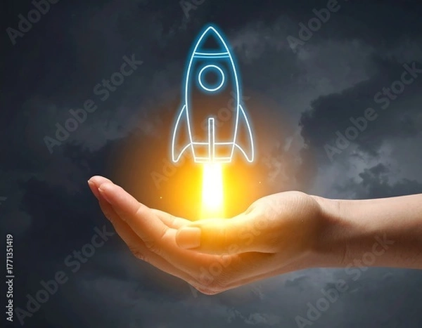 Obraz Rocket Launching from Hand - Symbol of Innovation and Startup Success.