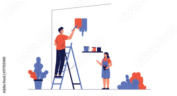 Obraz A couple renovates their home by painting a wall with bright colors, the man standing on a ladder and the woman assisting him.