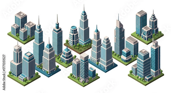 Obraz A diverse collection of isometric 3D city buildings and modern skyscrapers, featuring green spaces and detailed architecture.