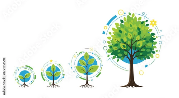 Obraz Stages of tree growth from seedling to mature tree, representing development, sustainability, and the evolution of nature and technology.