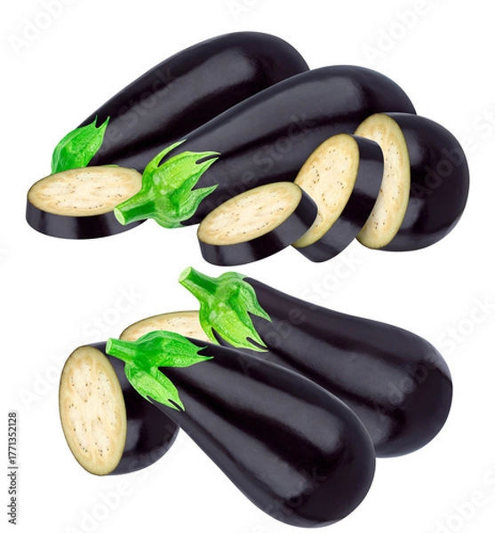 Fototapeta realistic photograph showcasing a grouping of fresh, glossy purple eggplants (aubergines) alongside thick slices and cross-sections, isolated perfectly on black.