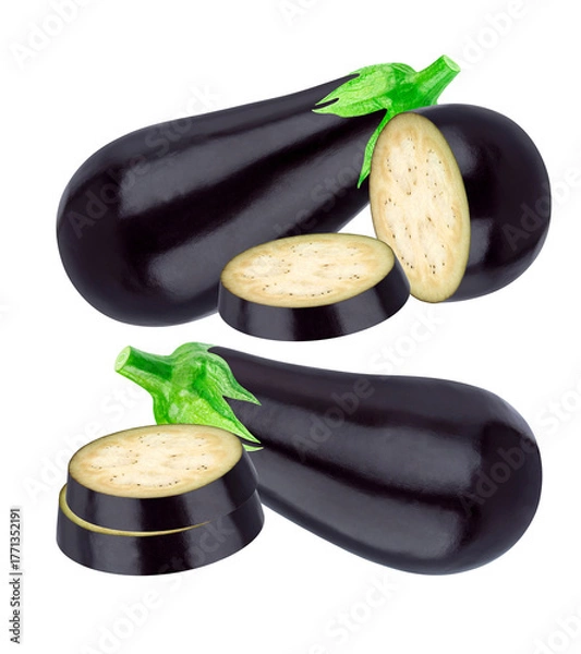 Fototapeta studio shot of whole purple eggplants grouped with thick slices and halves, clearly demonstrating the pale inner flesh and seeds, isolated perfectly on a black backdrop.