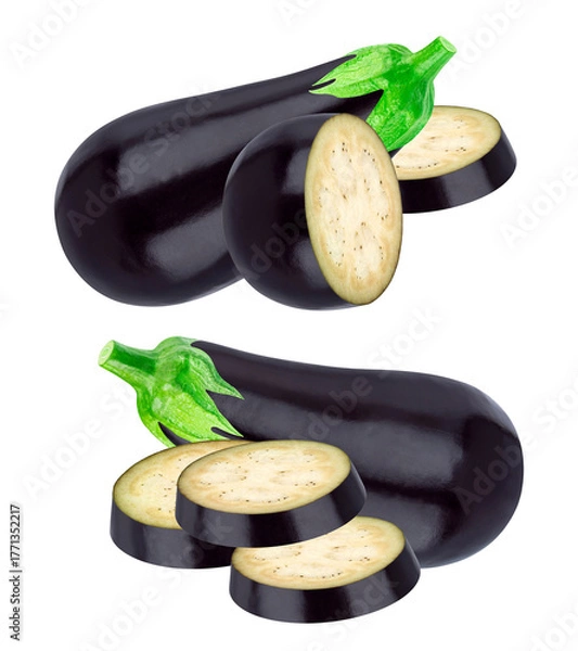 Fototapeta realistic photograph of fresh purple aubergine composition featuring two whole fruits and various cross sections with green calyxes, isolated on black.