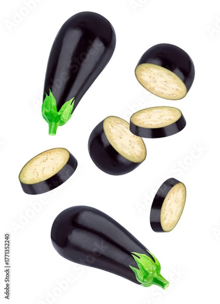 Fototapeta dynamic photograph of falling purple aubergines featuring two whole fruits and multiple thick, round slices suspended in mid-air, isolated on transparent background.