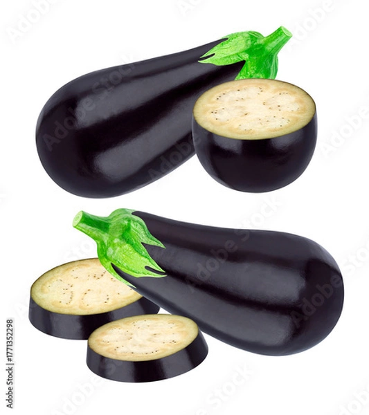 Fototapeta vibrant realistic photograph of fresh dark purple eggplants featuring two whole fruits alongside thick, cross-section slices and a half-cut segment, isolated on black.