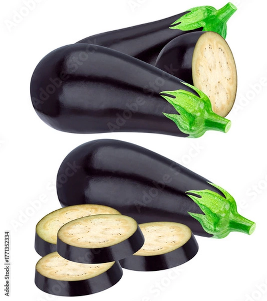 Fototapeta composition of deep purple aubergines featuring two long, fresh whole fruits and several thick, raw slices prominently displaying the internal texture, isolated on transparent background.