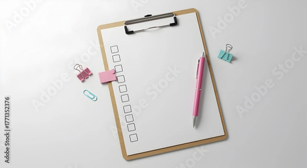 Fototapeta Clipboard holding blank checklist paper with pink pen and clips on a clean white surface