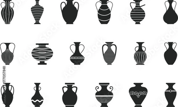 Fototapeta Vase silhouette collection, decorative pottery shapes, floral, striped, geometric patterns, cultural styles, black and white set, flat vector illustration