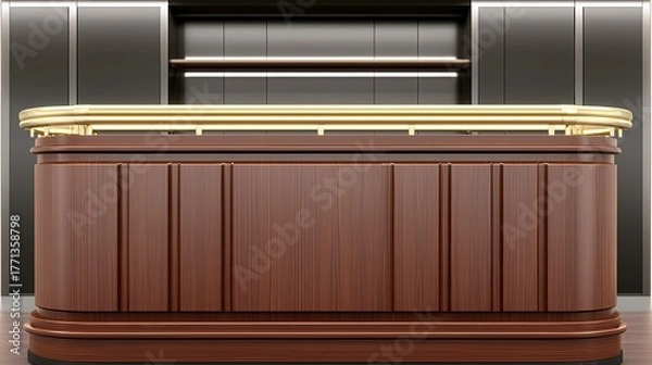 Fototapeta Modern Minimalist Wooden Reception Desk with Brass Accents in Luxe Interior