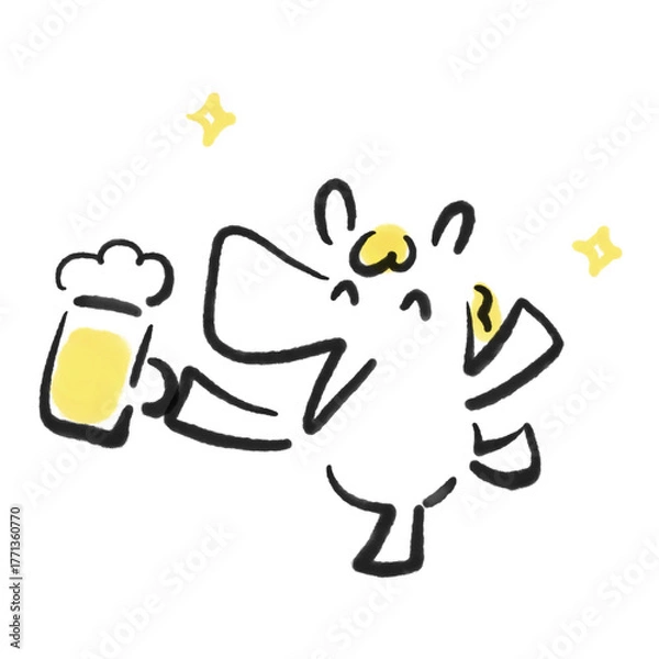 Fototapeta ビールで乾杯する笑顔の白馬　新年会・お祝い・墨絵