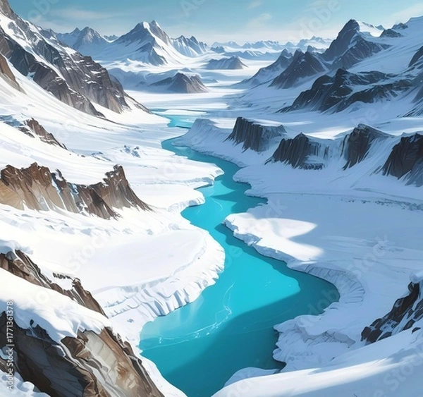 Fototapeta View of a glacial valley surrounded by sharp snow peaks