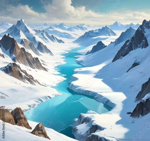 Fototapeta View of a glacial valley surrounded by sharp snow peaks