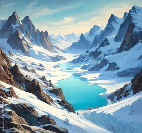 Obraz View of a glacial valley surrounded by sharp snow peaks