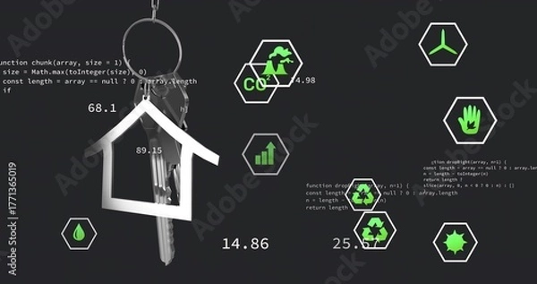 Fototapeta Displaying keyring with house keychain and keys on dashboard showing code and eco icons, copy space