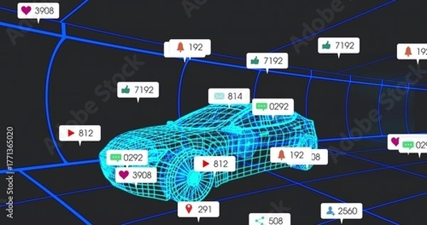 Fototapeta Showing glowing wireframe sports car gliding through blue grid tunnel, with floating media badges