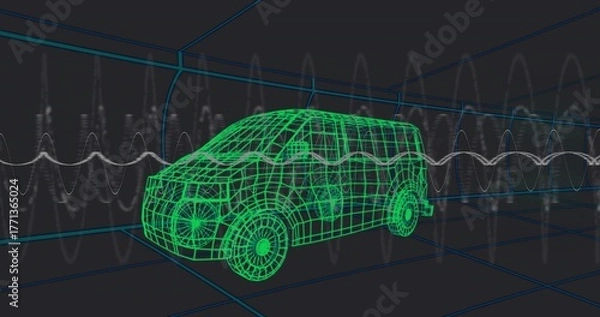 Fototapeta Rendering neon green wireframe van in simulation chamber with blue grid, white waveform overlays