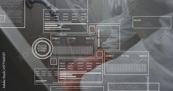 Obraz Lab technician wearing orange gloves washing instrument under faucet with data overlays, copy space