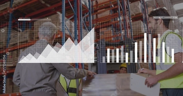 Fototapeta Discussing warehouse workers examining loaded pallet in storage bay with forklift, cardboard boxes