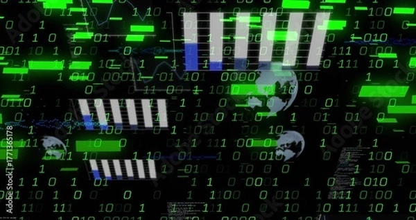 Fototapeta Displaying network on dark backdrop, with green binary digits, globe icons and striped bars