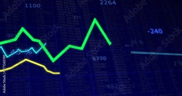 Fototapeta Displaying green line chart rising sharply then dropping on trading screen, with cyan, yellow lines