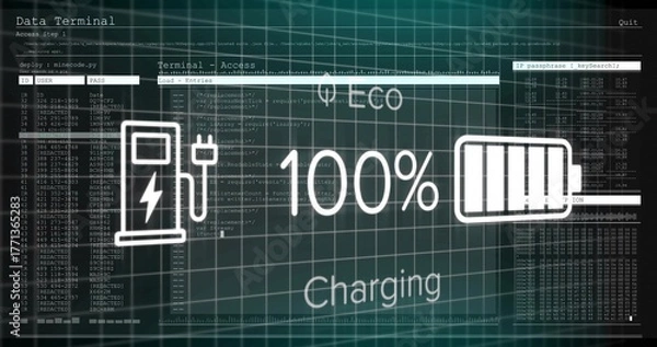 Obraz Displaying white charging status graphic indicating full battery on terminal, with code lines, grid