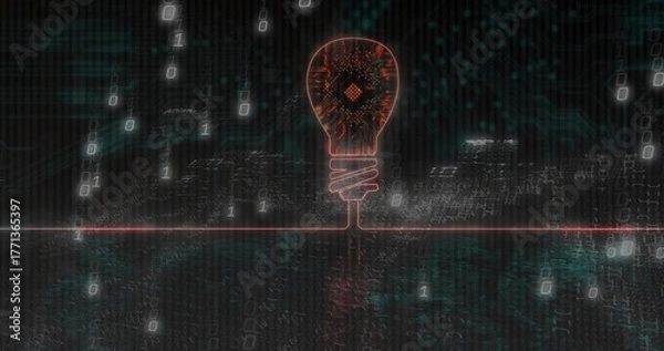 Obraz Glowing neon circuit bulb hovering within digital matrix, with microchip core and binary streams