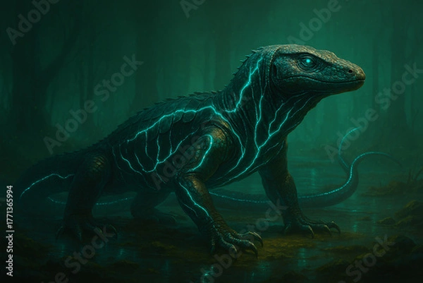 Obraz Mystical Lizard with Glowing Stripes in Enchanted Forest Setting