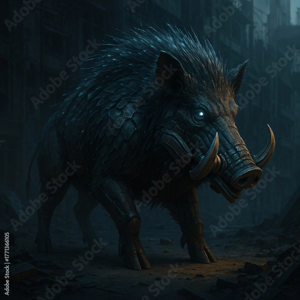Obraz Mechanical Wild Boar Amidst Ruined Urban Environment