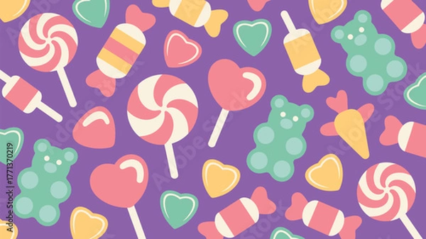 Obraz A vibrant pattern featuring an assortment of colorful candies on a purple background design of sweets