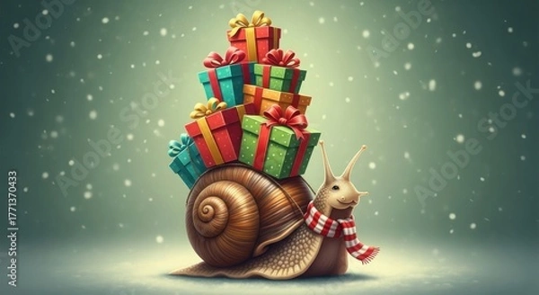 Obraz Whimsical snail character wearing a scarf carries a tall stack of colorful christmas presents