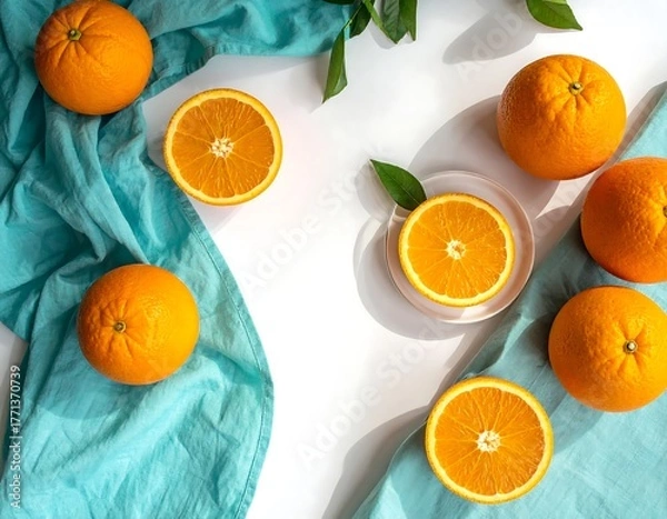 Obraz Overhead shot of oranges, a teal cloth, and a simple plate