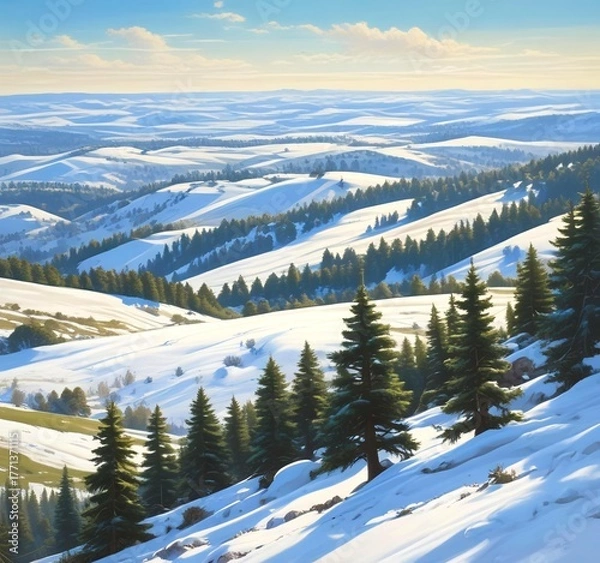 Obraz Rolling hills covered in evergreen trees dusted with snow