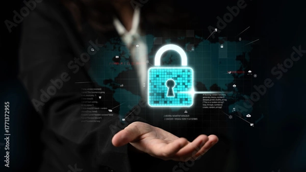 Fototapeta Cyber security protects against breaches, hacks, and network attacks using strong infrastructure and proactive digital defense strategies. Latch