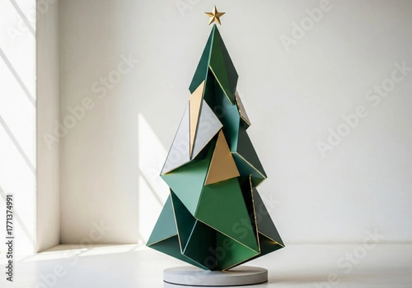 Obraz Modern Christmas tree decoration with abstract geometric shapes in green, a contemporary design concept for the holiday season.