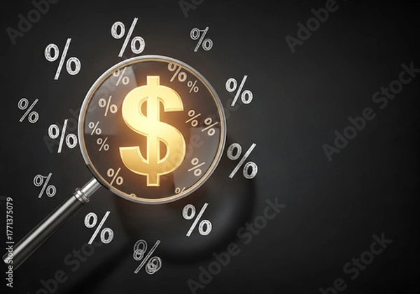 Fototapeta Magnifying glass focusing on gold coin with percentage signs representing finance, profit, interest rate, and investment return