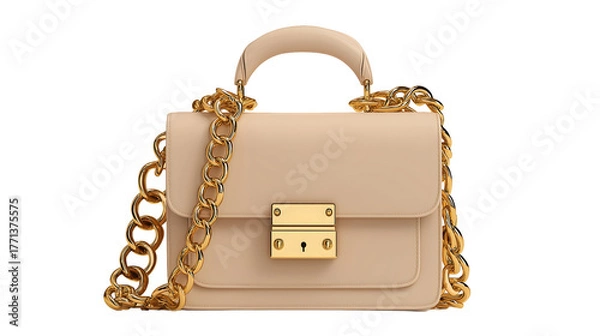 Obraz A beige handbag with a gold chain and a gold clasp isolated on a white background in a studio shot