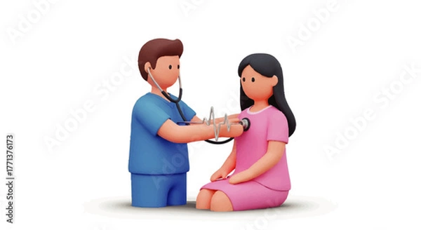 Fototapeta A male doctor using a stethoscope on a female patient sitting down in a clinical setting with a white background.