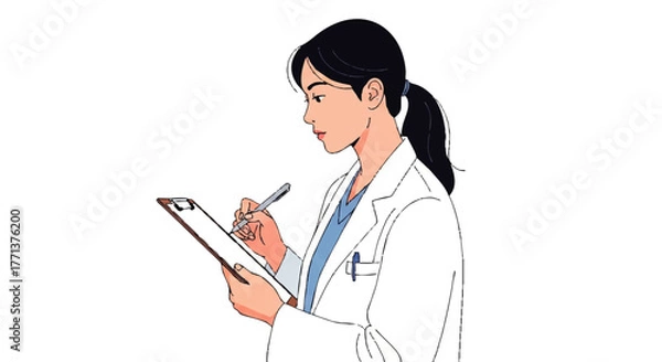 Fototapeta Illustration of a female doctor or nurse in a white lab coat writing on a clipboard with a pen, viewed in profile against a plain white background.