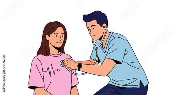 Fototapeta A male doctor using a stethoscope to examine a female patient wearing a pink shirt with a heartbeat line on it against a clean white background.