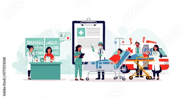 Fototapeta Illustration of medical staff attending to a patient on a stretcher with an ambulance and hospital reception desk in the background.